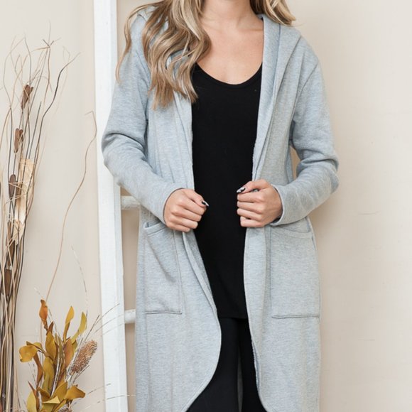 BRUSH HOODED OPEN CARDIGAN WITH SIDE POCKETS - Picture 1 of 5
